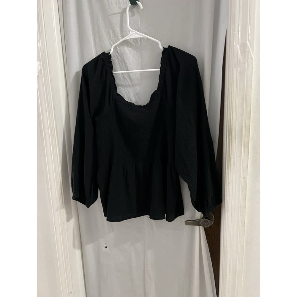 Madewell Black Peasant Smocked Long Sleeve Top